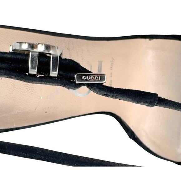 Gucci GG Logo Marmont Black Suede Heels Sandals Isle Crystal Ankle Strap EU 37.5 - Picture 7 of 11